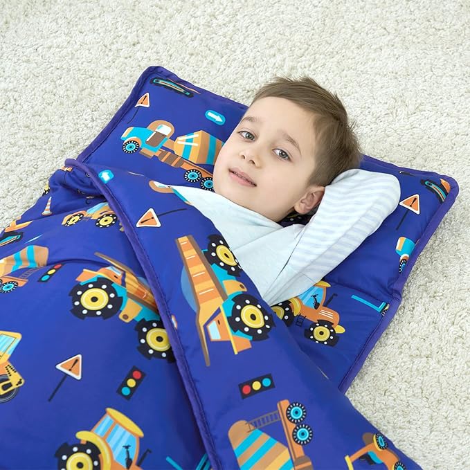 UOMNY Toddler Nap Mat Boys Kids Nap Mats with Removable Pillow and Blanket Engineering Vehicle Toddler Sleeping Bag for Preschool Daycare Blue Excavator 53x21 Inch