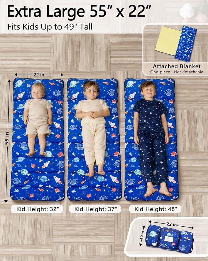 Primlect Thickened Toddler Nap Mat with Removable Pillow and Minky Blanket, Extra Large 55''x35'' Sleeping Bag, Washable, Roll up, Perfect for Daycare, Preschool, Kindergarten, Boys and Girls (Space)