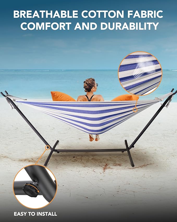 EveryFun Double Hammock with Heavy-Duty Steel Stand,Portable,Easy Assembly,600lbs Weight Capacity,Perfect for Indoor,Yard,Camping,or Outdoor-BlueWhite