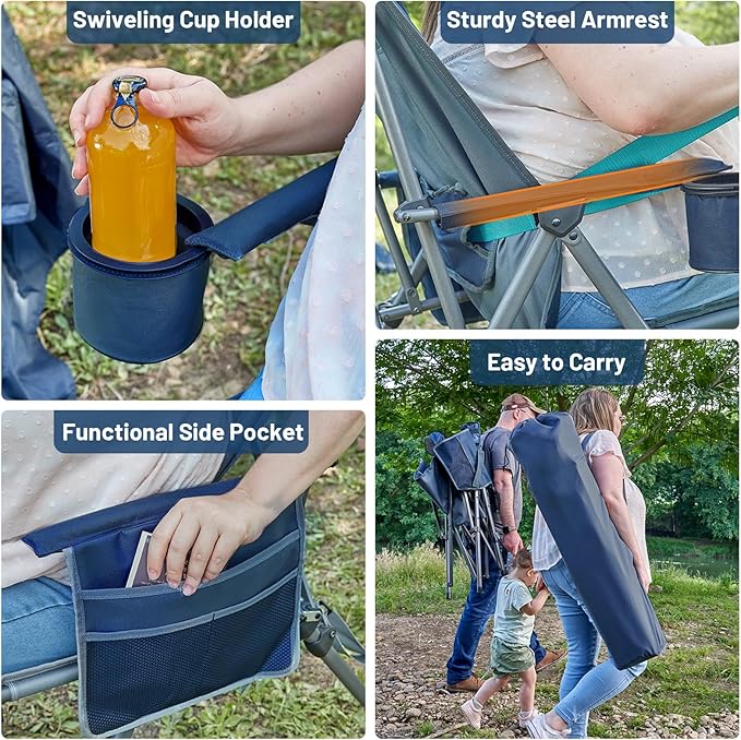 TIMBER RIDGE Oversized Camping Chair with Lumbar Support, Portable Folding Chair Heavy Duty for Adults Supports 450 LBS for Outdoor Camping Lawn, with High Back, Cup Holder, Side Pocket, Blue