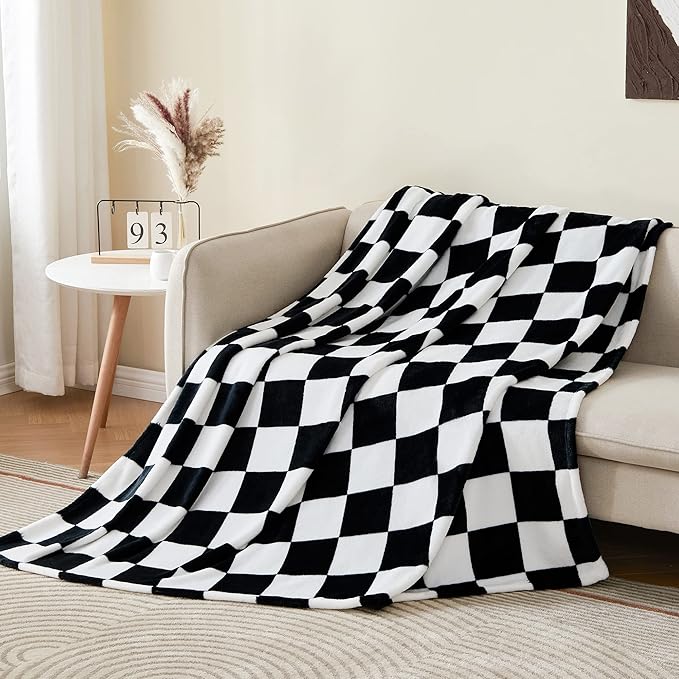 BEDELITE Checkered Twin Blanket for Couch Bed, Soft & Cozy Fleece Flannel Blanket with Checkerboard Grid Home Decor, Checkered Black, 60x80 Inches