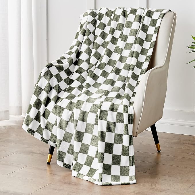 Edenleaf Checkered Blanket Flannel Throw Blankets Soft Cozy Checkered Grid Print Chessboard Gingham Pattern Throws for Bed Sofa Couch for All Seasons, 60x80 Inch, Dark Olive