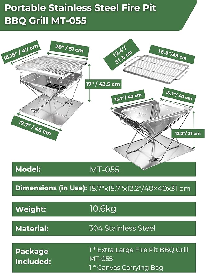CAMPINGMOON 3 in1 Flatpack Portable Fire Pit Grill 16 inch Heavy Duty Stainless Steel Wood Burning Camping Stove Adjustable Height Backyard Outdoor Cooking RV Trips Carry Bag included MT-055