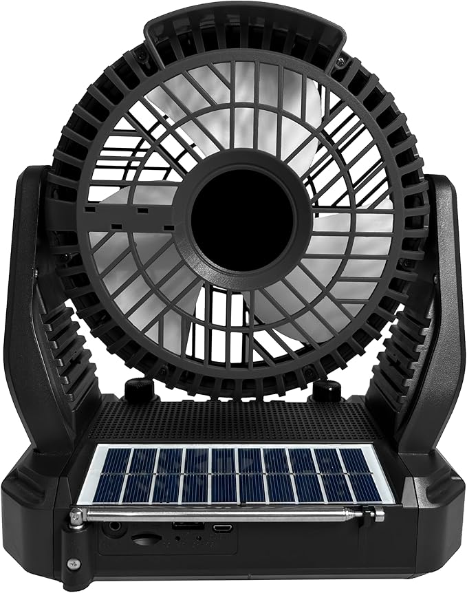Supersonic SC-1076ERF Solar Powered Portable Fan with 6-Inch Fan Diameter, Adjustable 3 Wind Speed, Foldable Hanger Hook, LED Flashlight, Bluetooth, FM Radio, AUXUSB/mSD Inputs