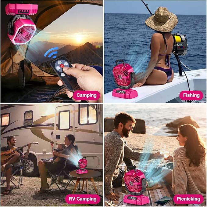 Odoland Portable Camping Fan with LED Lantern, 20000mAh Rechargeable Battery Powered Fan with Auto Oscillation, Timer, Remote, 360° Rotation Hook, 4 Speeds for Power Outage Travel Home,Pink