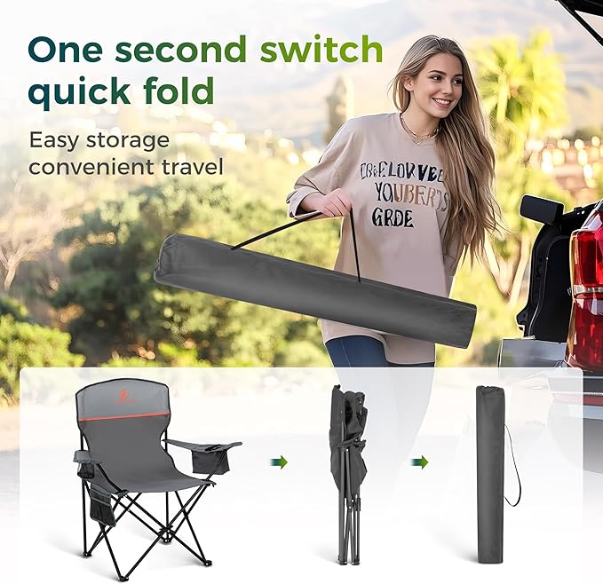 ALPHA CAMP Folding Camping Chairs for Adults Lawn Chairs Outdoor Chairs Support 250 LBS Portable Camp Chairs with Cup Holders Cooler Pouch for Outdoor, 2 Pack