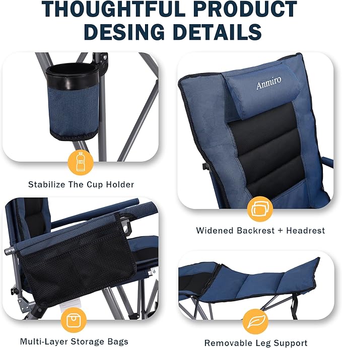 Folding Camping Chair for adults-3-in-1 Heavy Duty Foldable Camp Chair with Detachable Footstool, Padded Pillow, Cup Holder & Carry Bag,5-Speed Adjustable,400 LBS Capacity