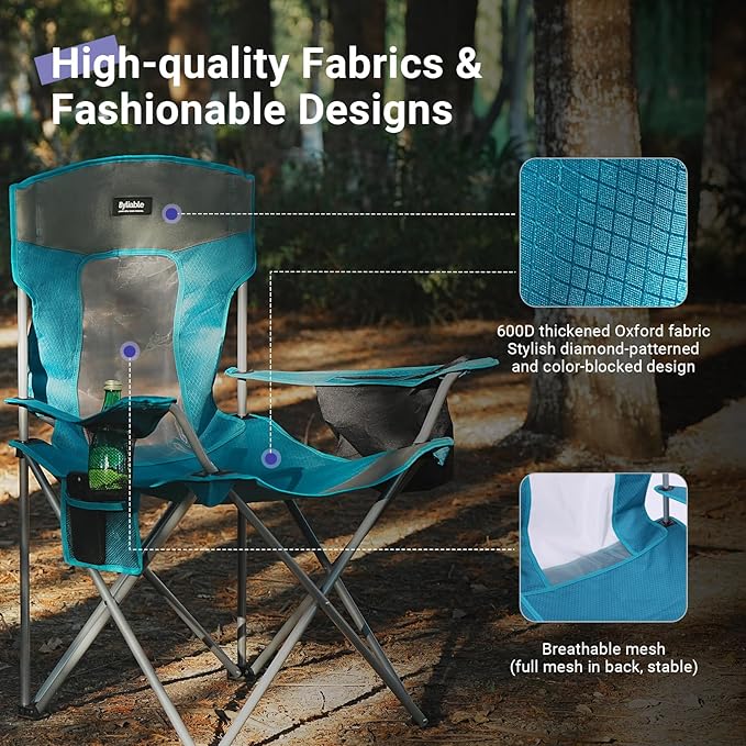 Camping Folding Chair Outdoor Lawn Portable Lightweight Camp Folding Chairs for Adult Outside with Cup Holder, Cooler Pouch & Side Pocket for Camping, Beach, Fishing, Sports or Tailgating Events, Blue
