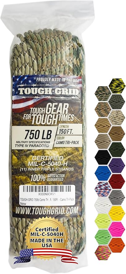 TOUGH-GRID 750 Paracord Military Grade Nylon Rope - Type IV Mil-Spec Made in USA - Tactical Survival Cord
