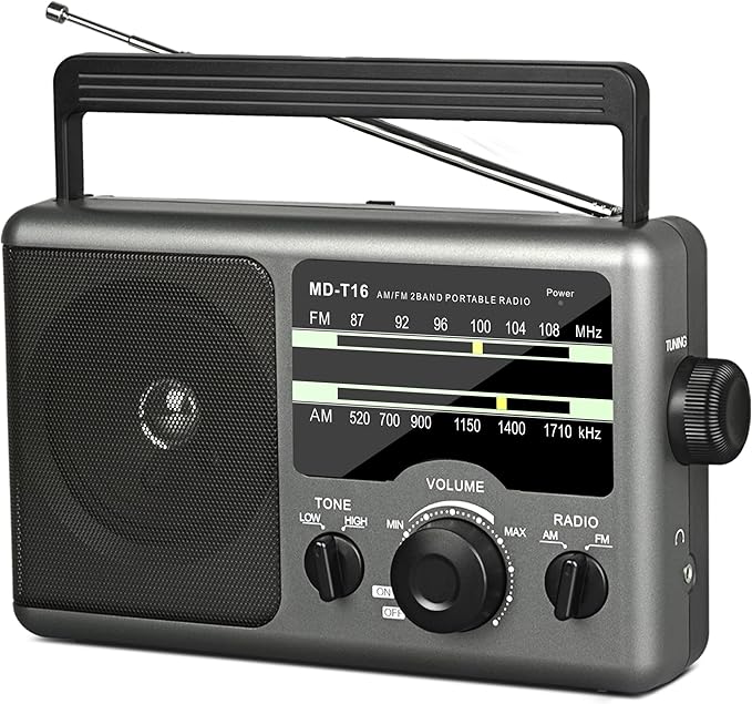 AM FM Portable Radio Battery Operated by 4X D Cell Batteries Or AC Power Transistor Radio with and Big Speaker, Standard Earphone Jack, High/Low Tone Mode, Large Knob