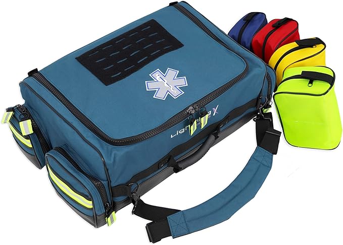 Lightning X Fully Stocked X-Tuff Modular Oxygen Trauma Bag w/Removable Organizer Pouches for EMS/EMT + First Responder - Blue