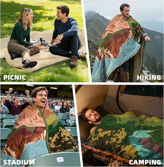 Outdoor Camping Blanket with Sherpa Lining, Extra Warm Thick Camp Blankets and Puffy Ultralight Soft Poncho DWR Camping Quilt for Cold Weather, Adventure, Sleeping, Backpacking 78"x 56"