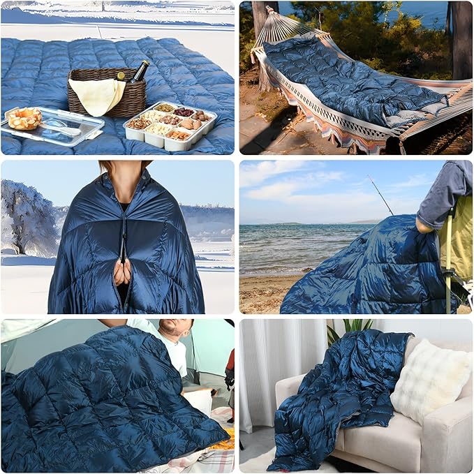Down Camping Blanket - Lightweight, Packable, Warm & Puffy Outdoor Travel Quilt for Sleep, Hiking, Backpacking, Stadium, Festivals, Water-Resistant Sleeping Bag 55"x79"