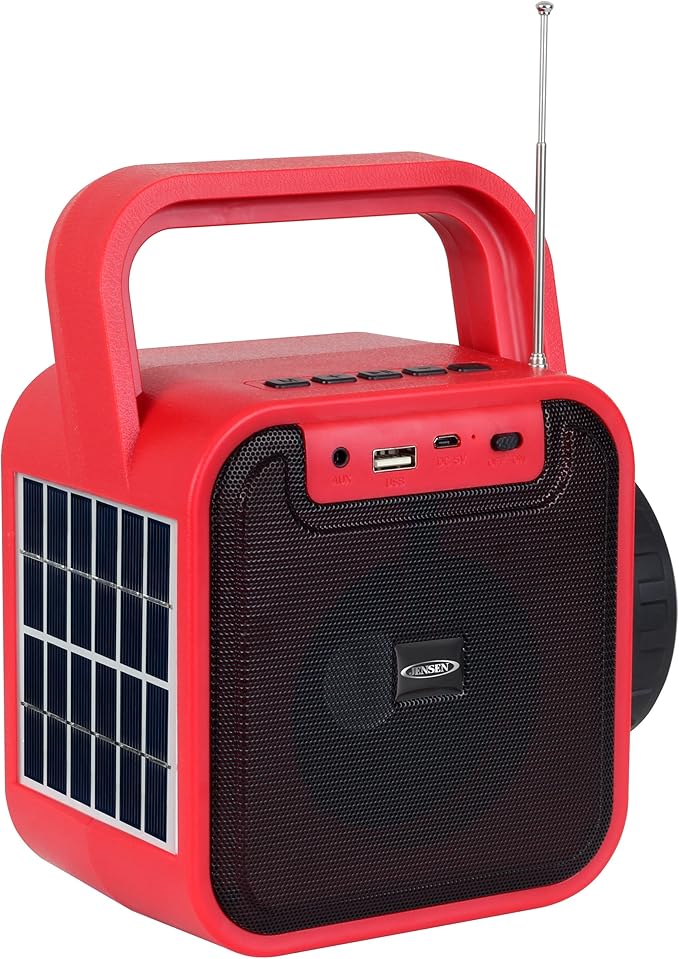Jensen JEP-175 Portable Rechargeable Bluetooth Speaker with FM Radio, Flashlight, Solar Panel, and USB Port, Red, JEP-175
