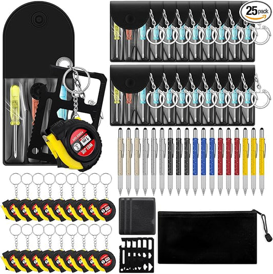 Lasnten 25 Pcs Mini Tape Screwdriver Keychain Set Bulk Father's Day Men Gifts Multitool Pen Card Tool Bag Pouch Adult Pinata Stuffers for Men Husband Gifts (Multicolor)