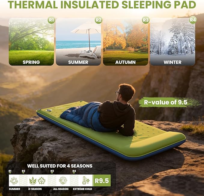 TEKIK Memory Foam Camping Pad, Ultra-Thick Foam Sleeping Pad for Camping with Pillow, 20s Fast self Inflate&Deflate, 9.5 R-Value Insulated Camping Mattress, Suitable for Tent, Car Travel & More