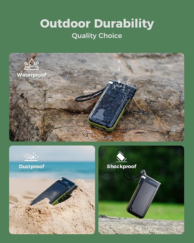 GOODaaa Solar Power Bank, 45800mAh Wireless Portable Charger Built-in Cables,15W Fast Charging Solar Charger, USB C in&Out and USB A Battery Pack for Outdoor with Radio,Flashlight