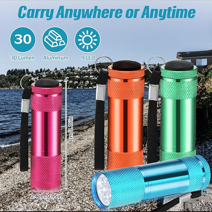 VIHOSE 12 Pcs Mini Flashlights Bulk, Bright Aluminum Handheld Flash Lights with Lanyard, Small LED Flashlights for Night Reading Emergency Hurricane Camping Hiking Party Favors(Bright Colors)