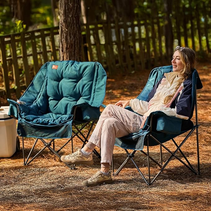 EVER ADVANCED 2 Set Camping Chair with Detachable Cushion, Mesh Chair for Adults Foldable, Oversized Heavy Duty Folding Chair with Cooler Mesh Pocket Cupholder Outdoor Fishing, Supports 400LBS Green
