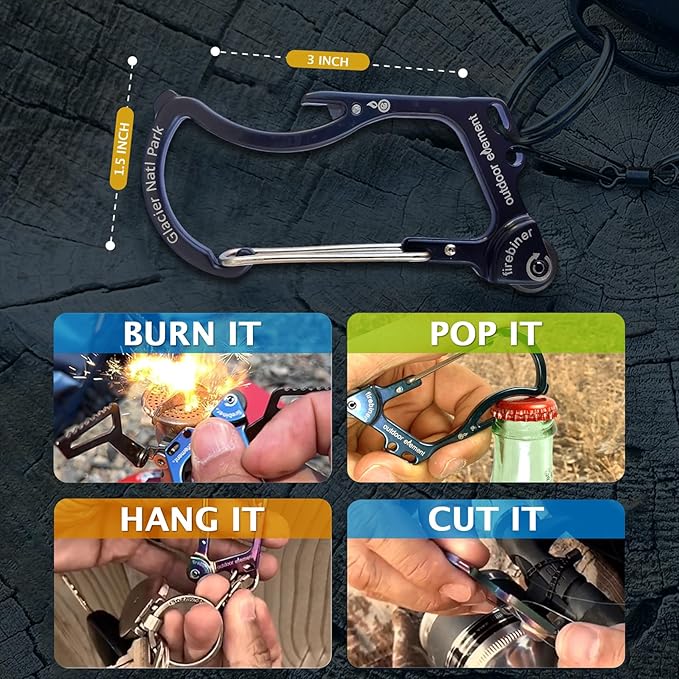 OUTDOOR ELEMENT Firebiner Custom Engraved 6-in-1 Fire Starter Carabiner Multitool – Survival Gear EDC Keychain with Utility Blade, Bottle Opener, Screwdriver, Emergency Tool