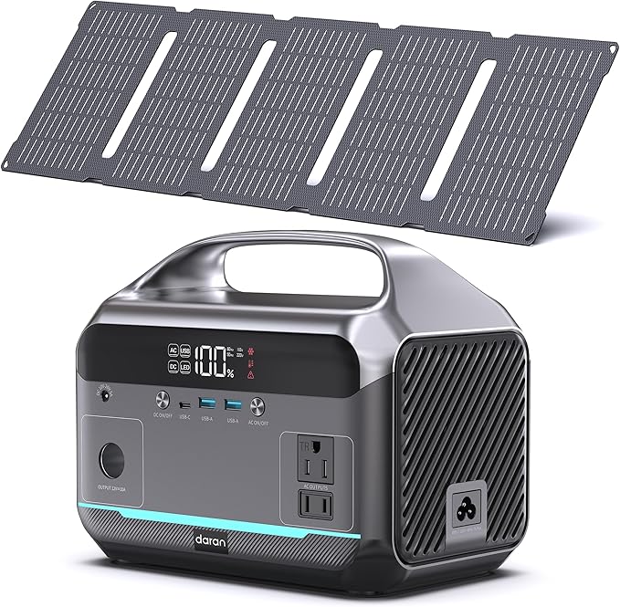 DARAN Portable Power Station with 60W Solar Panel, 288Wh (90,000mAh) LiFePO4 Battery, 350W (600W Peak) Mini Solar Generator, 2.1Hrs Fast Charing, 7-Port Design with AC Outlet for Emergency, Hurricane