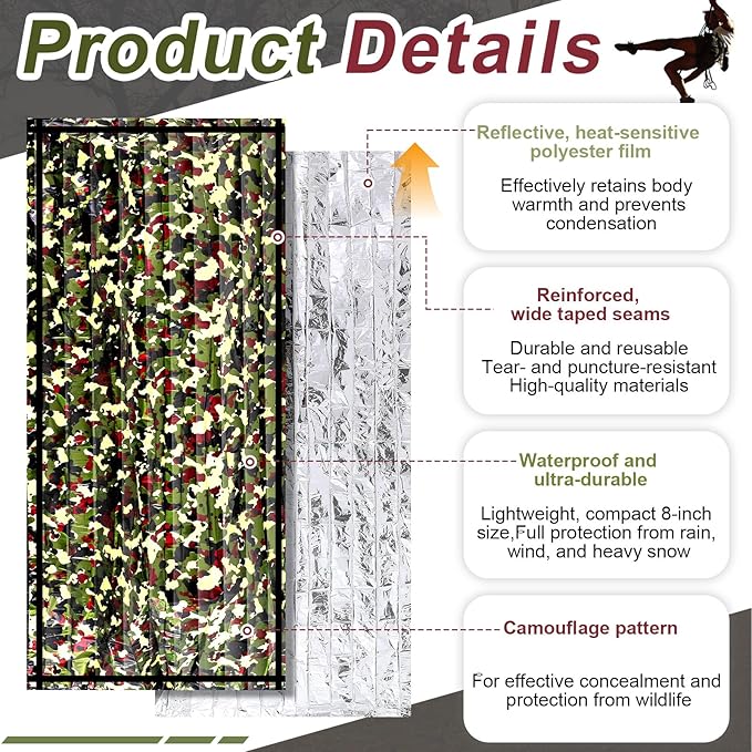 Preboun Camo Emergency Sleeping Bags Camo Blankets Emergency Shelter Survival Gear Portable Lightweight Thermal Bivy Sack Waterproof for Outdoor Camping Hiking Homeless Shelter