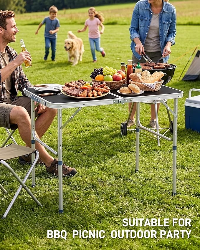 Outvita 3ft Portable Folding Camping Table, Outdoor Waterproof Adjustable Height Table, Aluminum Lightweight Suitcase Foldable Table for Picnic BBQ Beach Dining
