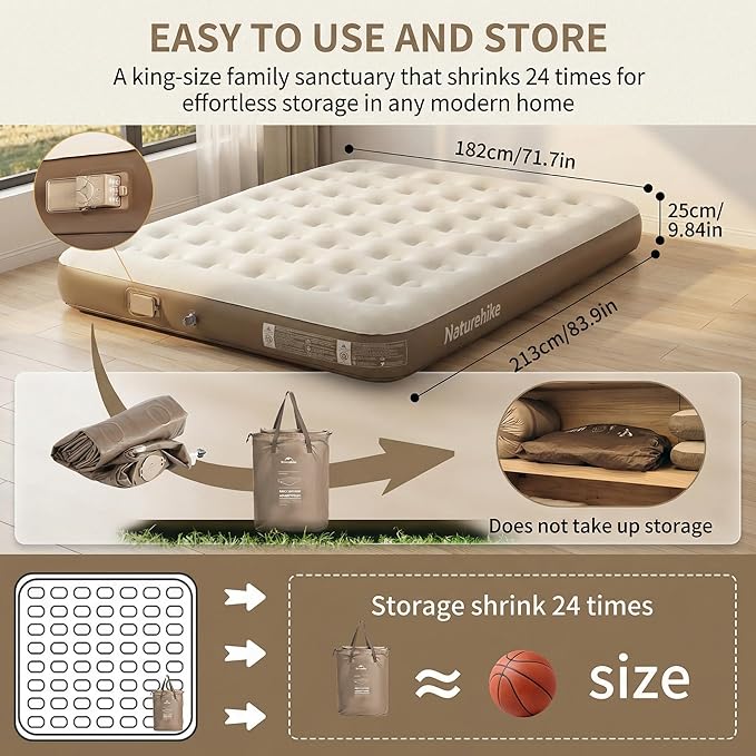 Naturehike California King Air Mattresses with Rechargeable Built-in Pump, Inflatable Mattress, Portable Blow up Mattress, Air Bed for Home, Camping, Guest