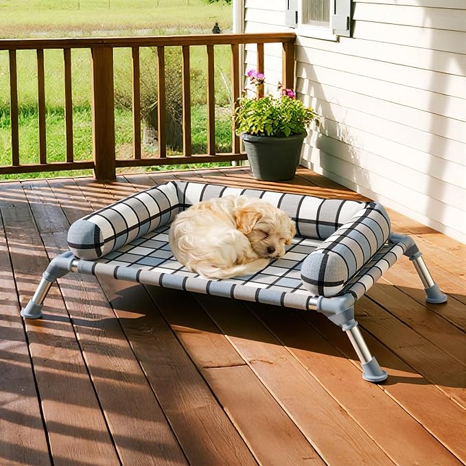 Elevated Pillow Bolster Dog Bed - Raised Dog Beds with Bolster Portable Lifted Washable Pet Cot Bed with Stainless Steel Frame Dogs Hammock Bed for Indoor & Outdoor (Bolster S)