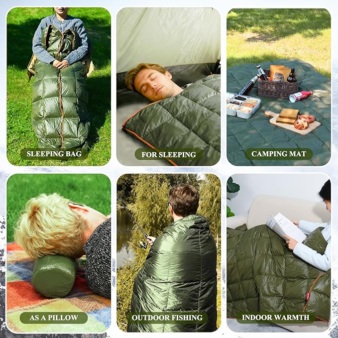 Down Camping Blanket - Packable Down Camping Quilt Backpacking Lightweight Waterproof Outdoor Hiking Stadium Warm Puffy Sleeping Bag 55"x79" Water Resistant Camp Travel Blanket, Green Orange