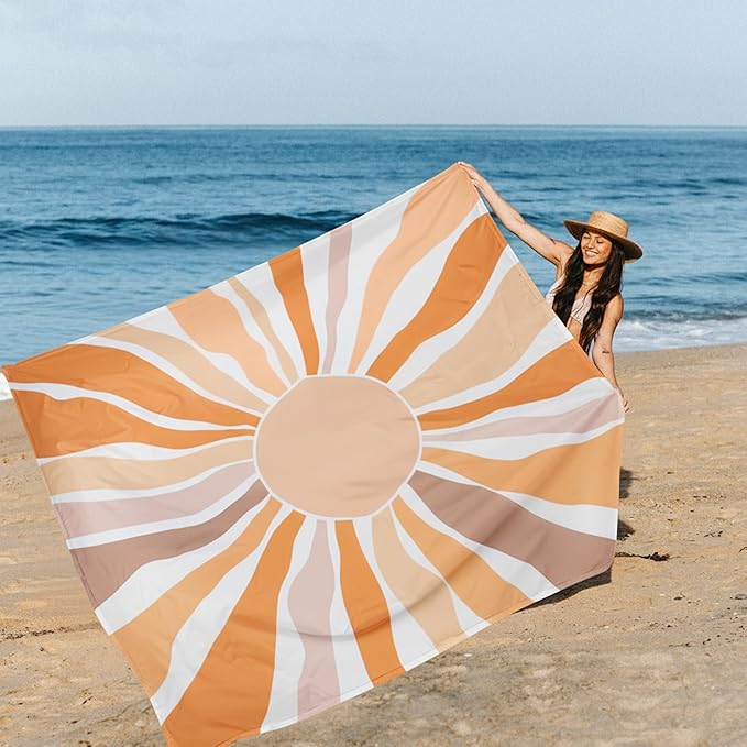 Beach Blanket Waterproof Sandproof, 10'X 9' Extra Large Oversized Beach Mat for 2-8 Adult, Quick Drying Lightweight Portable Polyester Picnic Blanket for Outdoor, Travel, Camping, Hiking-Boho Sun