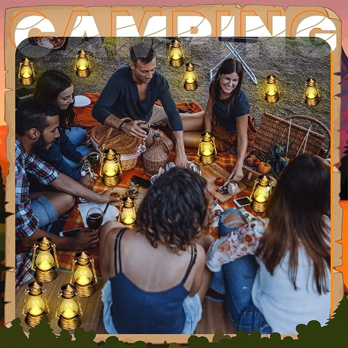 Ferraycle 24 Pcs Mini Lantern for Centerpiece Western Wedding Decor 4 Inch Camping Decorative with LED Candle Vintage Hanging Lantern Ornaments Bulk for Cowboy Cowgirl Xmas Party Decoration (Bronze)