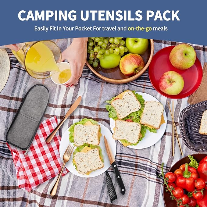 Logcow Travel Utensils Set with Case, 10-Piece Reusable Stainless Steel Camping Cutlery, Portable Fork Spoon Knife Chopsticks & Straw for Work, Lunch, Picnic (Rose Gold)