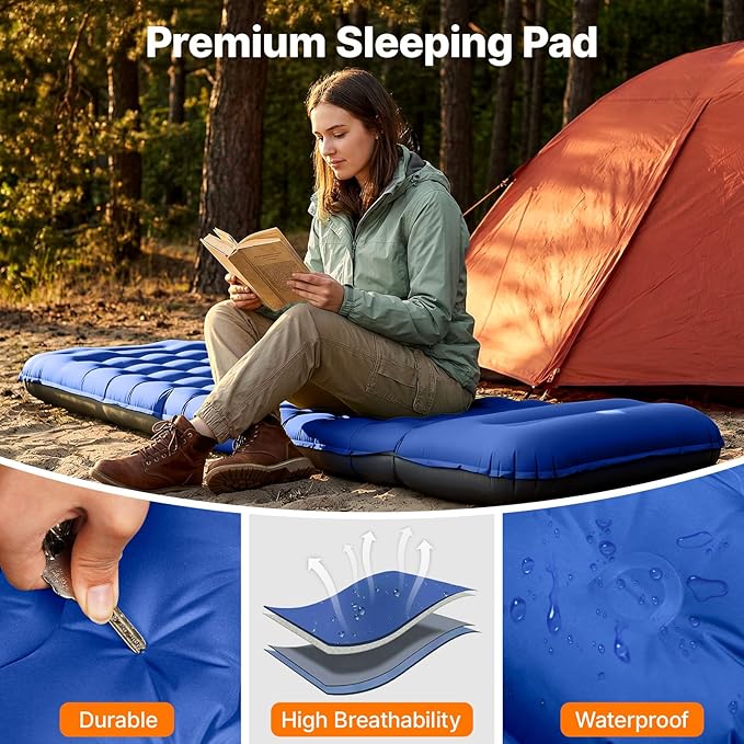 OGERY Sleeping Pad, Ultralight Inflating Sleeping Pad for Camping with Pillow Built-in Foot Pump, 6" Extra-Thick Reinforced Camping Pad for Hiking, Backpacking, Tent, Single,Blue