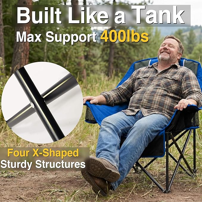 Oversized Camping Chair for Adults - Heavy Duty 400 lbs Padded Folding Chair with Wine Glass Holder, 2 Cup Holders & Side Pockets, Portable Carry Bag for RV, Tailgating, Lawn