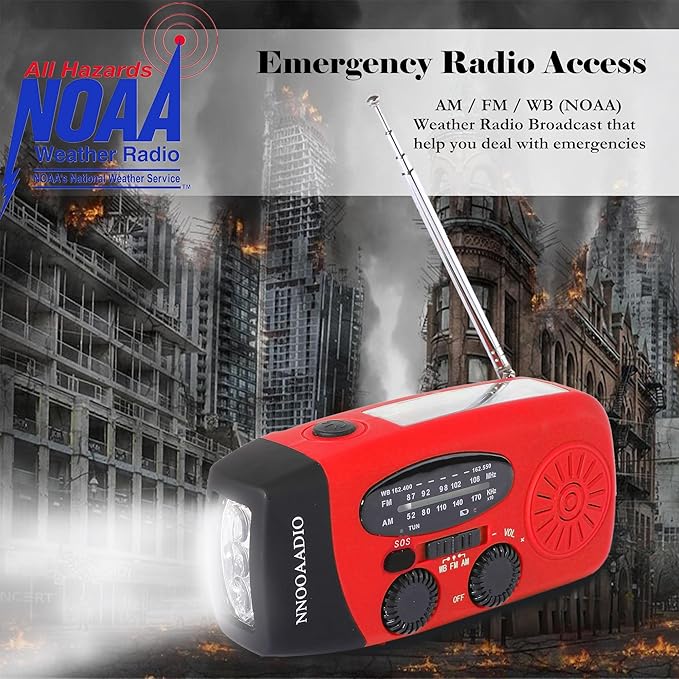 2000mAh SOS Alarm Emergency AM FM Weather Radio, 3LED Type-C Hand Crank Solar Battery Operated Portable Wind Up Radio Flashlight, Cell Phone Charger Survival Kit (Red)