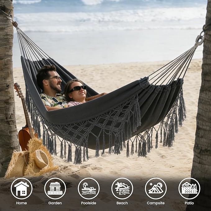 Lazy Daze Hammocks Double Brazilian Cotton Hammock, Extra Large Portable Outdoor Camping Hammock with Tree Straps & Travel Bag for Backyard Patio Poolside Indoor, 550lbs Capacity, Dark Gray