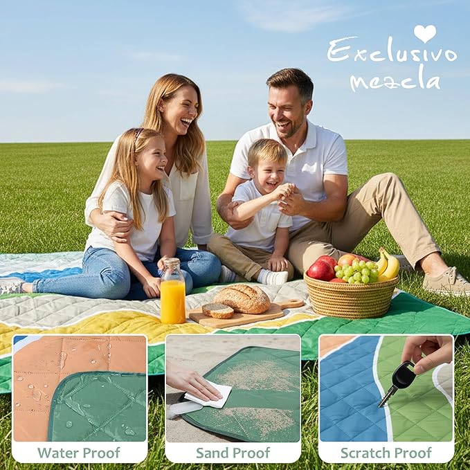 Exclusivo Mezcla Waterproof Picnic Blankets 60x80 Inch, 3 Layer Extra Large, Sandproof and Foldable Outdoor Blanket for Beach Camping, Park and Travel