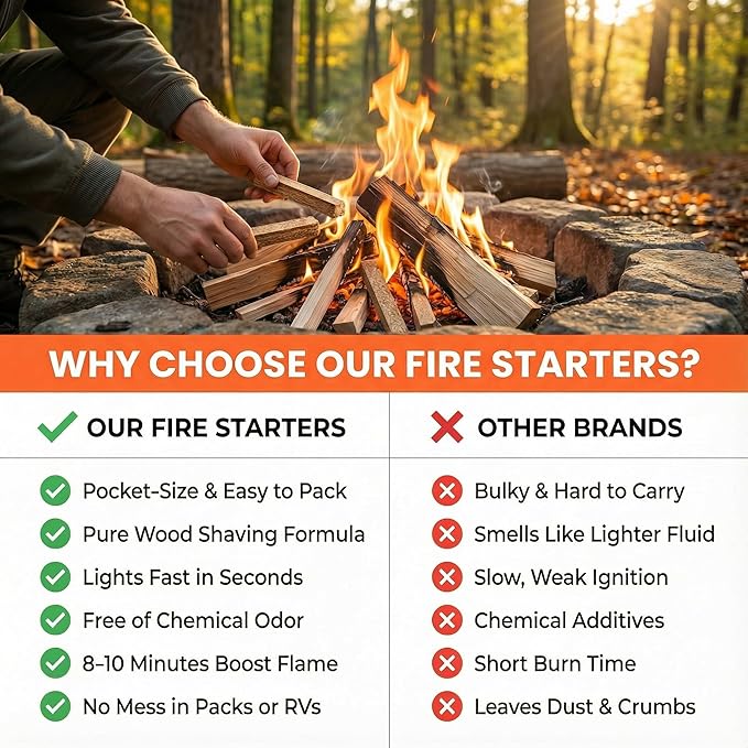 Natural Fire Starter for Grills: Quick Start Fire Starters Sticks for Campfires Outdoor Firepit Indoor Fireplaces BBQ & Wood Stove - Odorless Charcoal Firestarter Blocks 30 Count