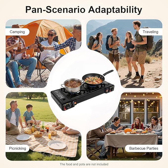 Portable Camping Stove｜24,000 BTU Dual Burner Gas Grill w/Removable Case｜Compact 24.8" Outdoor Cooker for RV Tailgating｜Stainless Steel 2-Burner Butane & LPG Stove (w/Grill Tray)