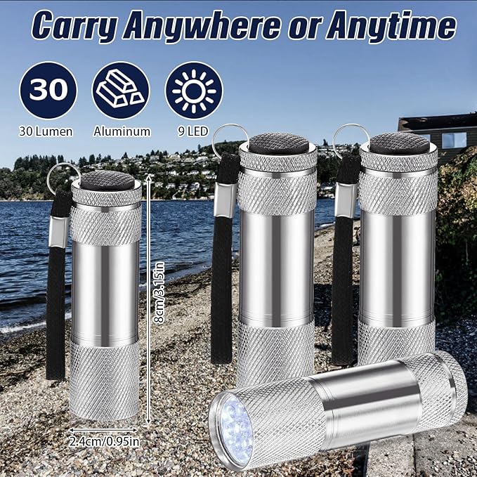 VIHOSE 12 Pcs Mini Flashlights Bulk, Bright Aluminum Handheld Flash Lights with Lanyard, Small LED Flashlights for Night Reading Emergency Hurricane Camping Hiking Party Favors(Silver)