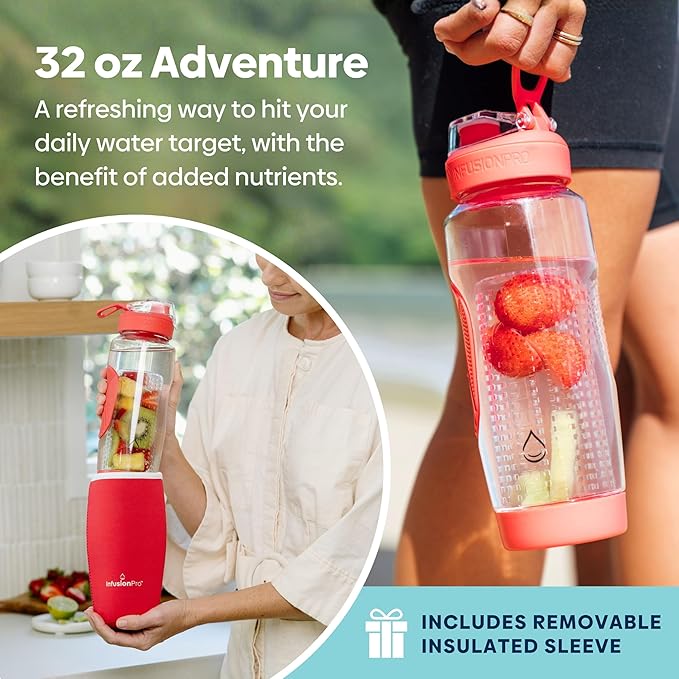 Infusion Pro 32 oz Fruit Infuser Water Bottle with Insulated Sleeve & 50 Recipe Infused Water eBook : Bottom Loading, Large Water Infuser for More Flavor : Unique Gift Idea
