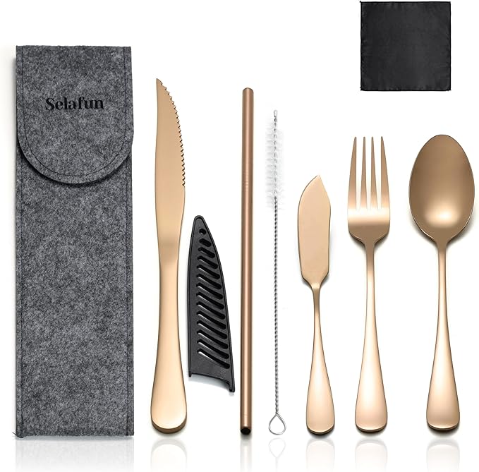 Travel Utensils with Case, Portable Silverware Set Stainless Steel Lunch Box Travel Cutlery Set for Work, Camping, Picnic, Hiking, Office (Rose Gold)