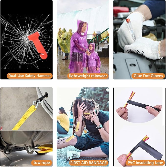 LIANXIN Car Roadside Emergency Kit, with Jumper Cables Automotive Kit,Car Safety Roadside Assistance Kit Headlamp,Tow Straps, Safety Hammers, Rainwear, Gloves.Black