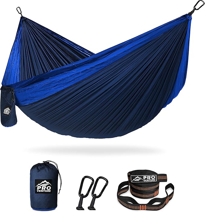 Pro Venture Double Camping Hammock - 10.5 x 6.5 FT (9ft Tree Straps, 2 Carabiners) - 2 Person, Portable, Lightweight Parachute Nylon 210T Hammocks - for Backpacking, Travel, Hiking, Patio (Double)…