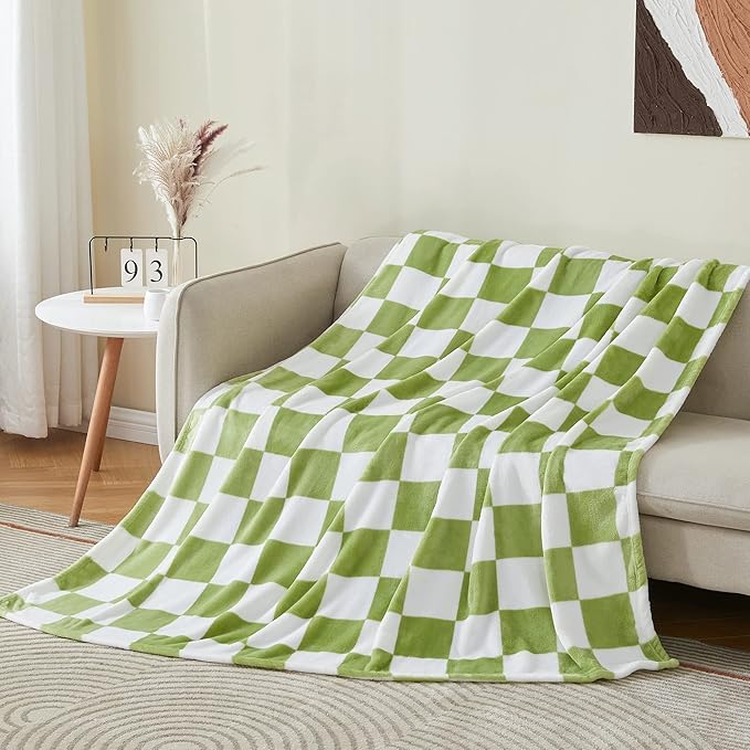 BEDELITE Checkered Throw Blanket for Couch, Soft & Cozy Fleece Flannel Blanket with Checkerboard Grid Home Decor, Checkered Green, 50x60 Inches