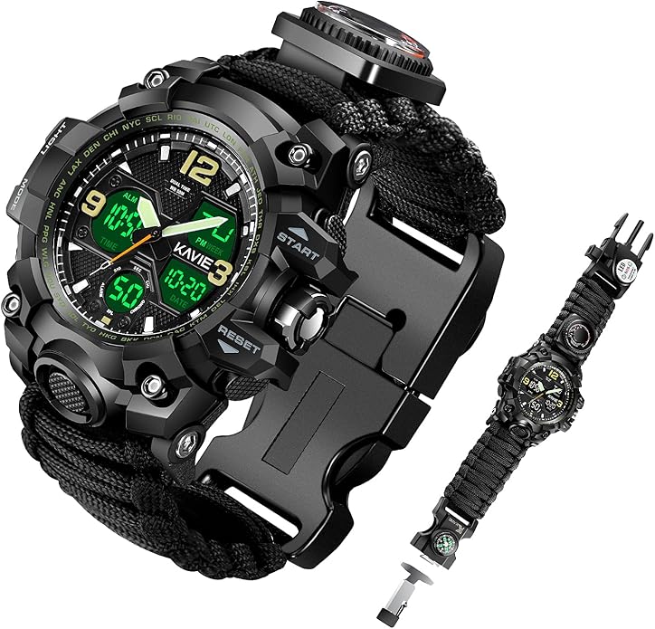 Mens Tactical Military Digital Watch, 23-in-1 Survival Multi-Functional Army Outdoors Waterproof Camouflage Sports Watches Dual Display Analog LED Electronic Wristwatches with Compass Paracord Band