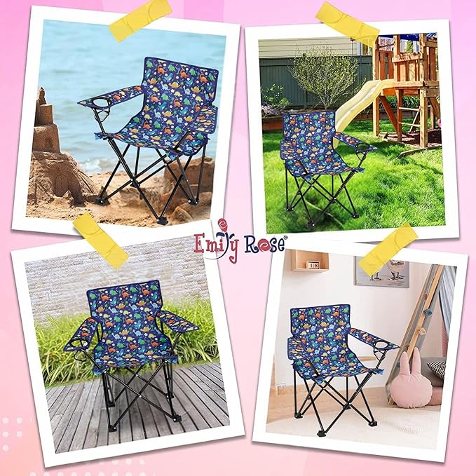 Emily Rose Playful Dinosaurs Kids Folding Camp Chair - Lightweight Portable Toddler Beach Chair Ages 2-7 with Safety Lock Cup Holder Carry Case 125 lb Capacity for Boys Girls Outdoor Adventures