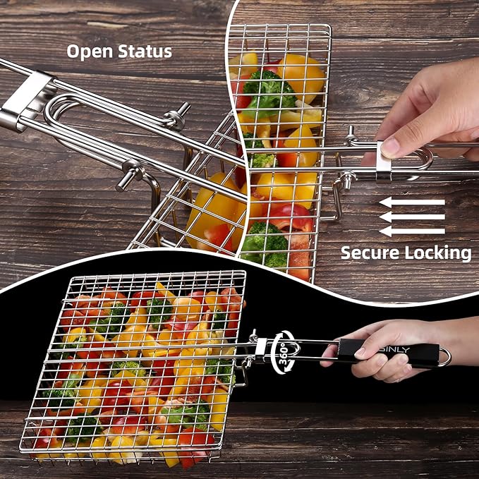 Portable Grill Basket, EISINLY BBQ Grilling Basket for Outdoor Grill with Removable Handle, Stainless Steel Camping Cooking Grill Accessories for Chicken Fish Vegetable
