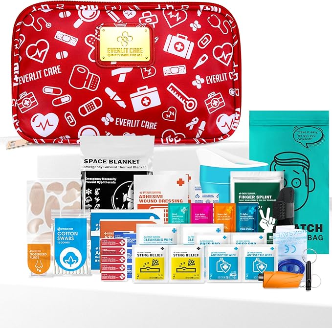 EVERLIT CARE Car First Aid Kit with Emergency Supplies Survival Gear Including Window Breaker Disposable Urine Bag Mountable Survival Kit for Family Travel in Car (RedMed)